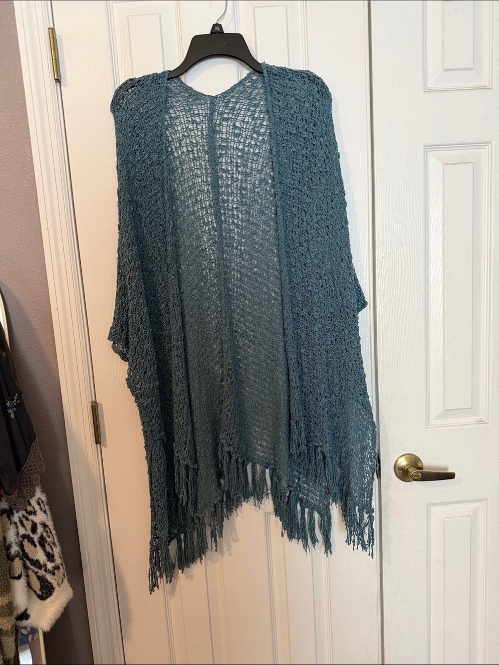 Open-Front Teal Fringe Knit Cardigan Sweater